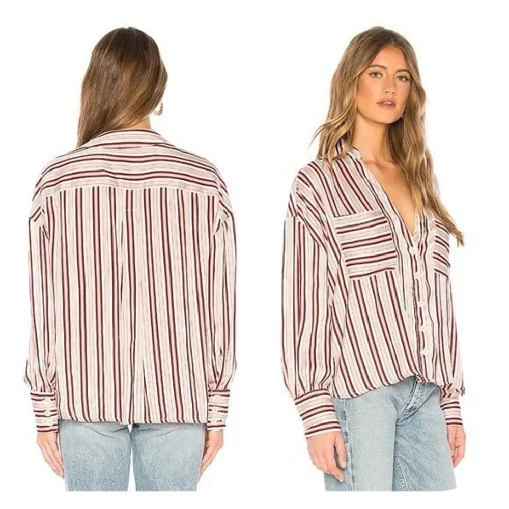 Free People Red and Cream Striped Button-Down Shirt